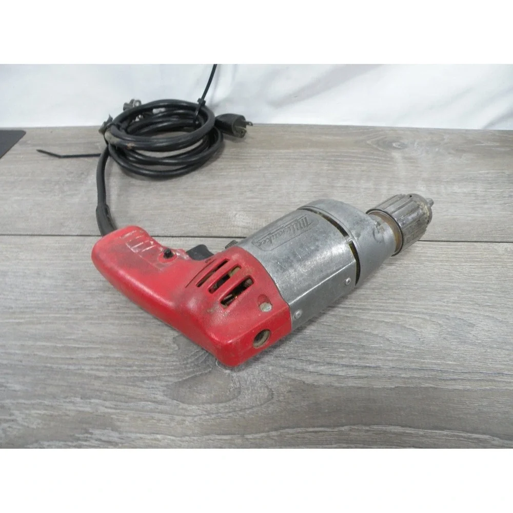 Vintage Milwaukee Corded Electric Drill with Chuck Key Red Silver Pistol Grip